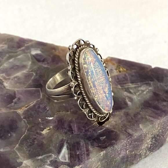 VTG Sterling Silver 925 Elongated Foil Opal Filigree Scrollwork Ring Sz 4.75 - Picture 5 of 16
